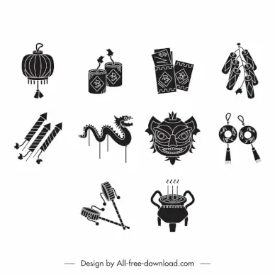 chinese new year icon sets flat black cultural symbols outline 