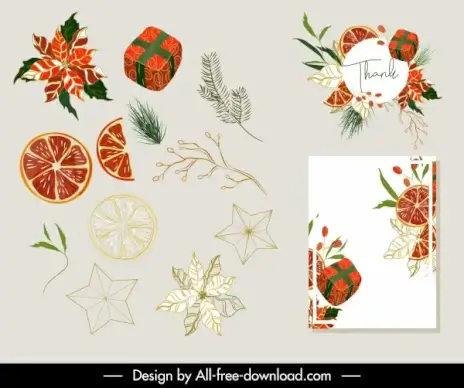 chirstmas card decor elements elegant classic plants gifts