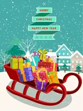 christmas banner gift boxes snowfall town icons