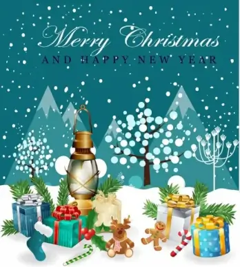 christmas banner gifts lamp doll icons snowy background