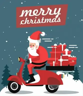 christmas banner santa claus motorbik gift boxes icons