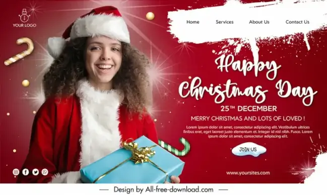 christmas day landing page template happy smiling lady sketch modern realistic dynamic design 