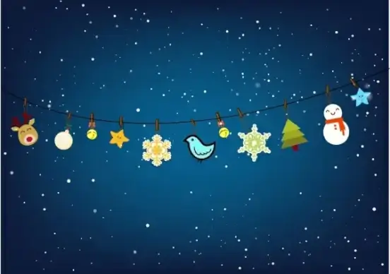 christmas decor background various hanging objects on line