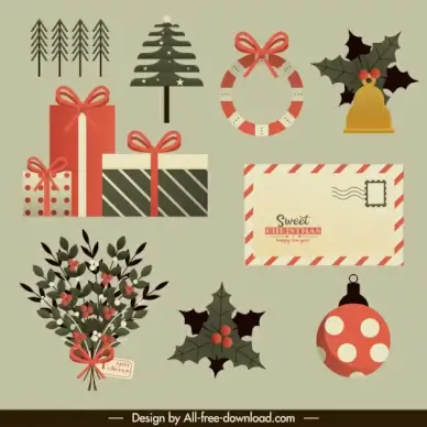 christmas design elements baubles gifts envelope flora sketch