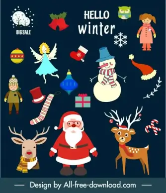 christmas design elements colorful classical symbols sketch