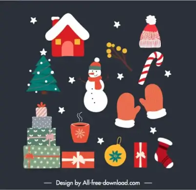 christmas design elements colorful flat classic symbols sketch
