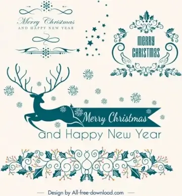 christmas design elements reindeer flowers icons classical decor