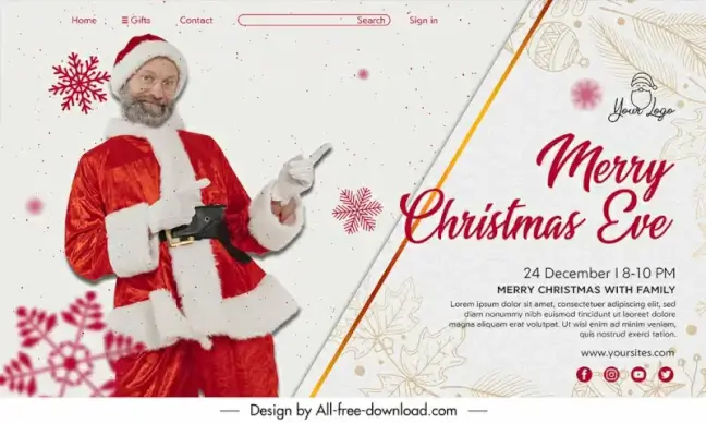 christmas eve landing page template santa claus man snowflakes sketch 