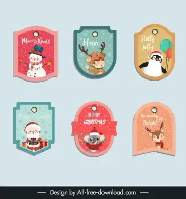 christmas  gift tags templates cute cartoon characters sketch flat shapes design 