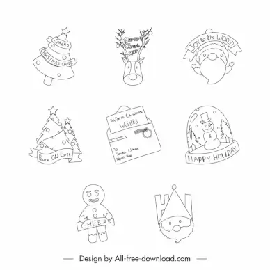 christmas icon sets black white flat handdrawn symbols outline