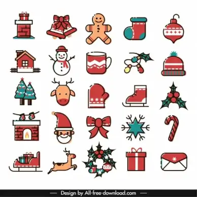 christmas icons collection colorful classical flat sketch