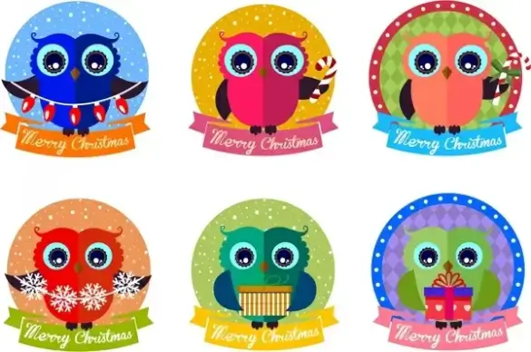 christmas label design elements isolated with owl illustration