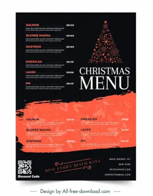 christmas menu  template flat dark xmas tree flowers