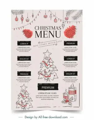 christmas menu  template flat handdrawn classic xmas elements
