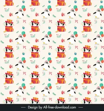 christmas pattern template repeating cute penguins present gifts balloons bauble balls decor