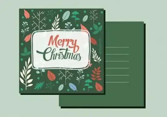 christmas postcard template dark green ornament leaves icons