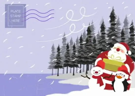 christmas postcard template santa snowman penguin icons