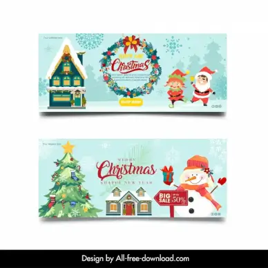 christmas sale banner templates cute cartoon design snowman children fir tree house wreath sketch
