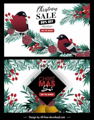 christmas sale posters birds pine tree elements decor