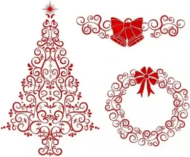 Christmas tree, wreath and bells.