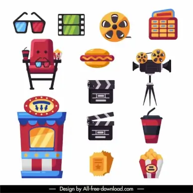 cinema design elements colorful flat symbols sketch