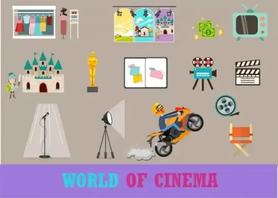 cinema symbols illustration with various colored styles