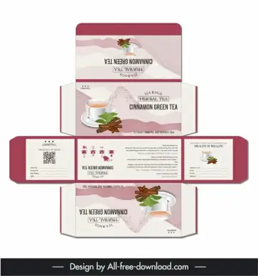 cinnamon herbal tea box  packaging template elegant tea cup leaf decor 