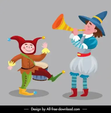 circus clown icons cartoon characters sketch