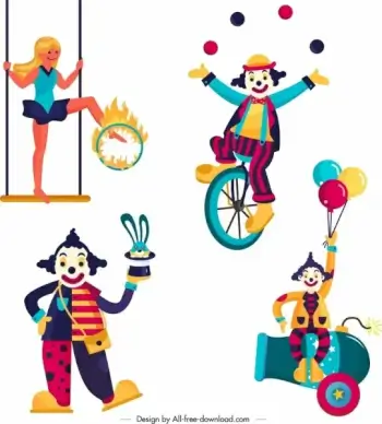 circus design elements clown performer icons cartoon design