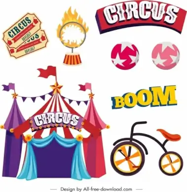 circus design elements colored classical icons sketch