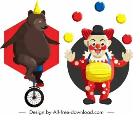 circus design elements performing bear clown icons