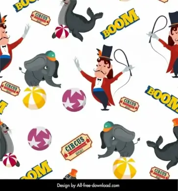 circus elements pattern elephant seal man icons decor