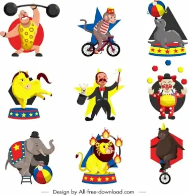 circus icons collection colored cartoon characters design