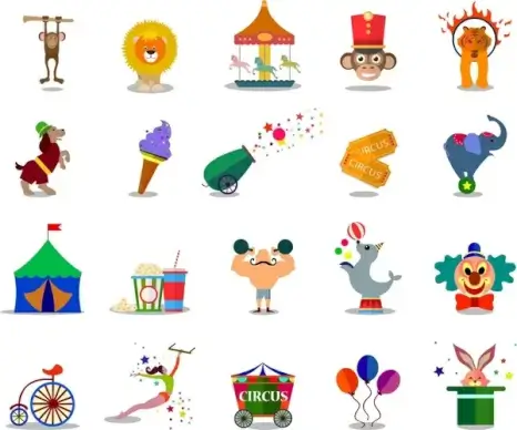 circus icons sets design with flat color style