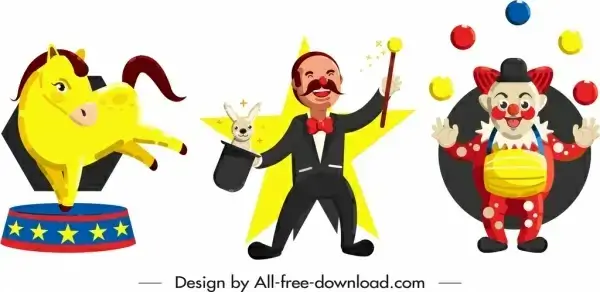 circus show design elements pony magician clown icons