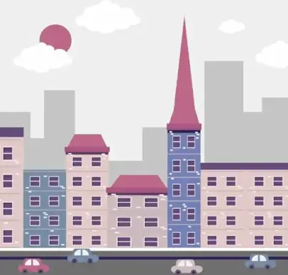city background building facade cars icons decor