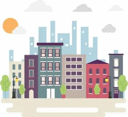 city background high buildings icons colored flat design