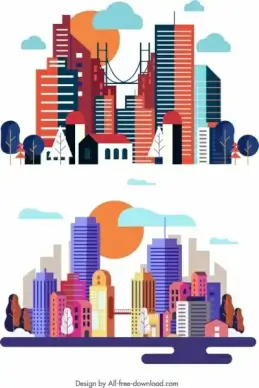 city background templates modern skyscrapers icon multicolored decor