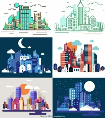 city background templates skyscrapers icon colorful modern sketch