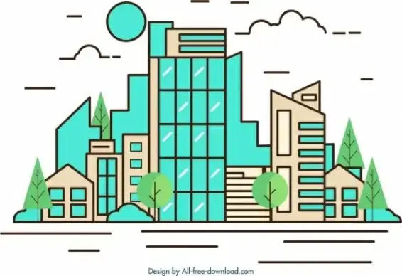 city drawing colored flat sketch