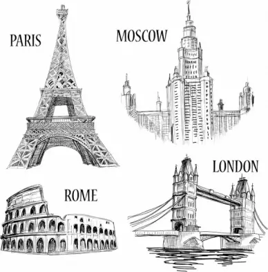 european capital landmark icons black white handdrawn outline