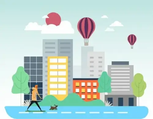 city life drawing walking pedestrian high buildings icons