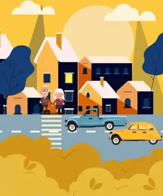 city painting road cars pedestrian houses icons decor