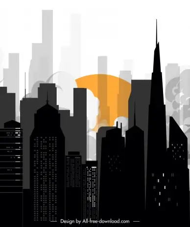 city scene backdrop contrast silhouette skyscrapers sun clouds
