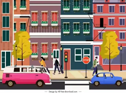 city scene painting buildings pedestrians cars sketch