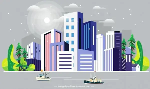 city scene painting colorful decor skyscrapers riverside sketch