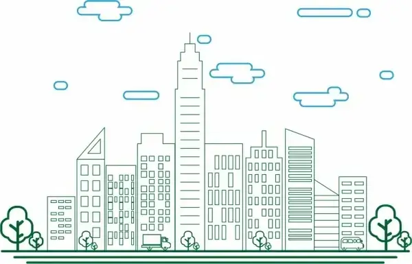 city sketch modern high buildings decoration colored style