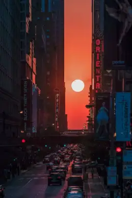 city twilight picture sunset buildings traffic scene 