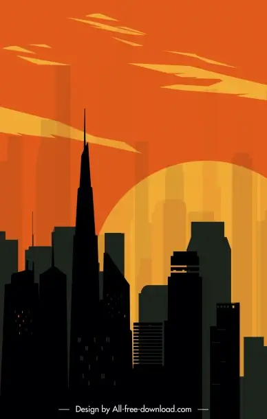 city twilight scene backdrop flat silhouette building sun