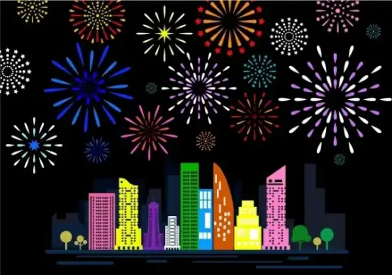 citys fireworks background design colorful flat decoration